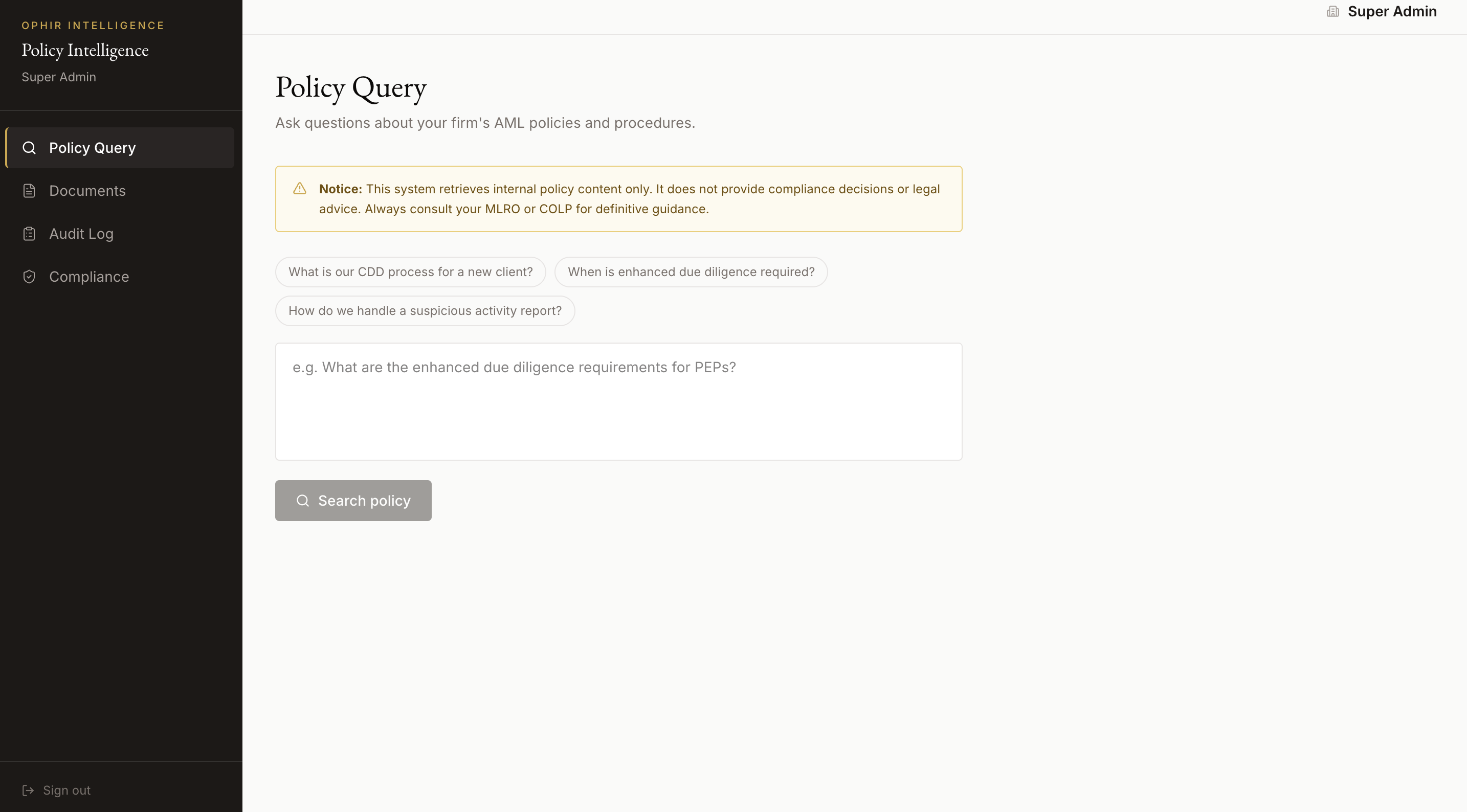 Policy Intelligence policy query interface for searching a firm's AML policies and procedures.